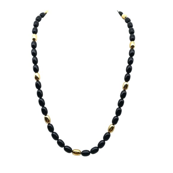 Black & Gold Tone Vintage Oval Bead Necklace By Napier - Picture 1 of 2
